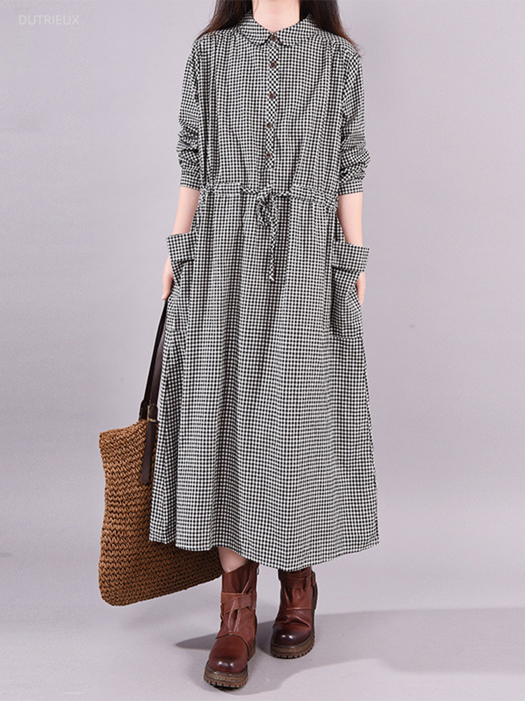 Summer Clothing Drawing - Robe Vintage à carreaux avec poches